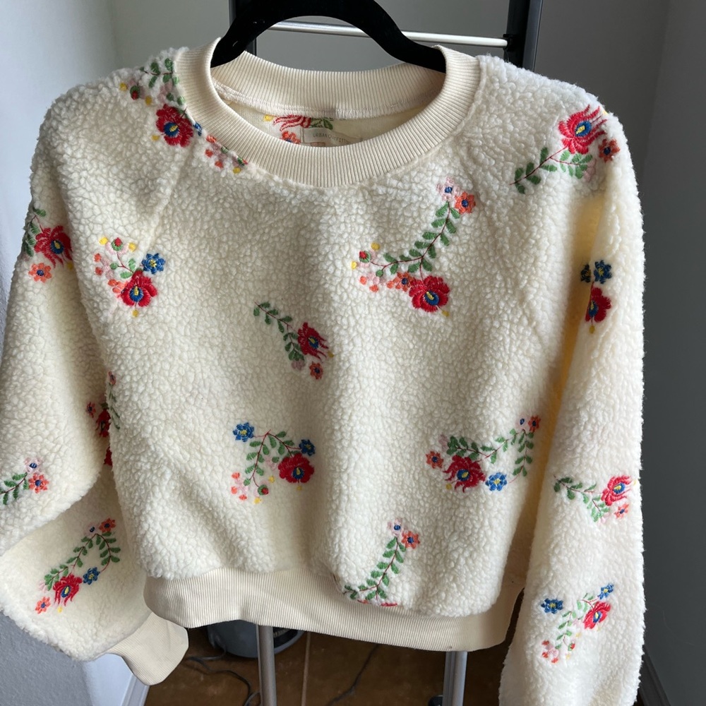 Ivory Floral Embroidered UO Sweater